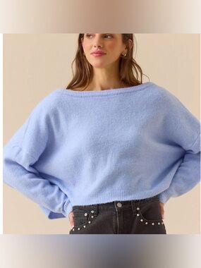 Altar'd State Ainsley Boat Neck Cropped Sweater - Light Blue - Large